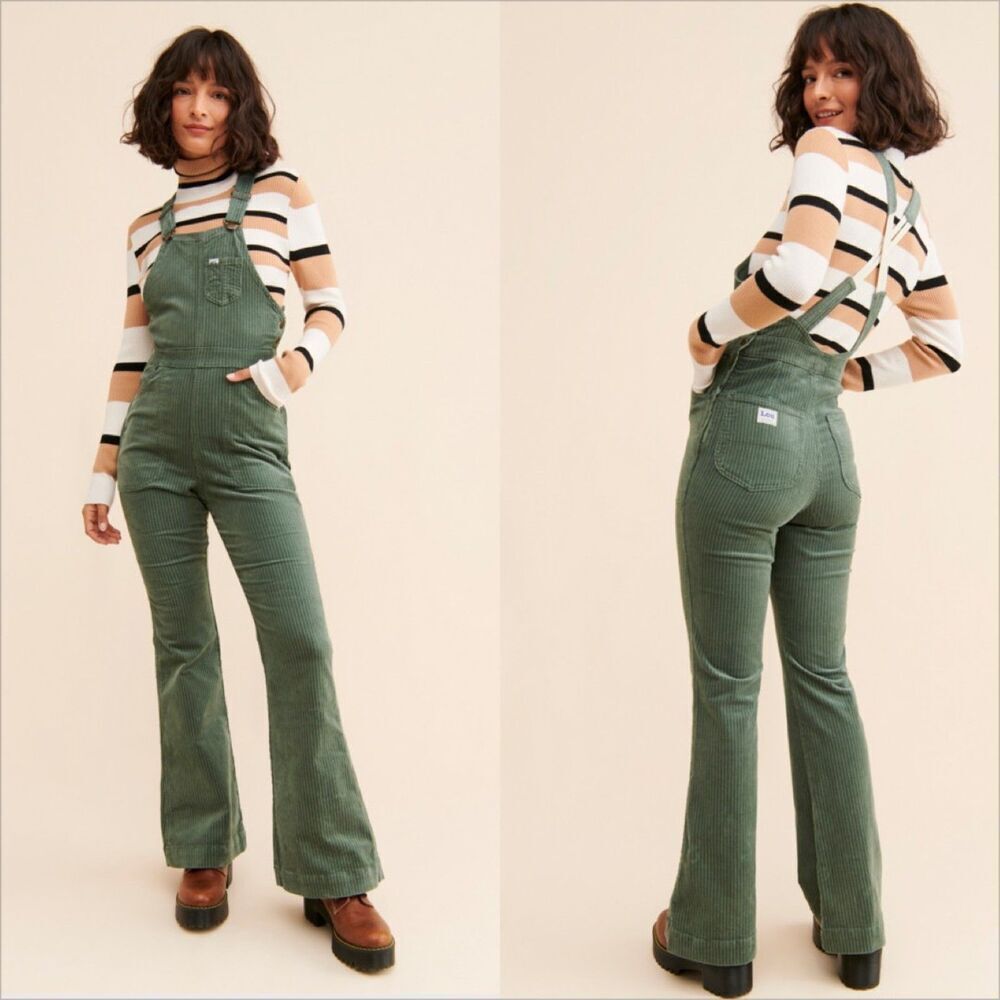Free People Lee Factory Flare Cord Overalls Size Medium Green Retro Stretch